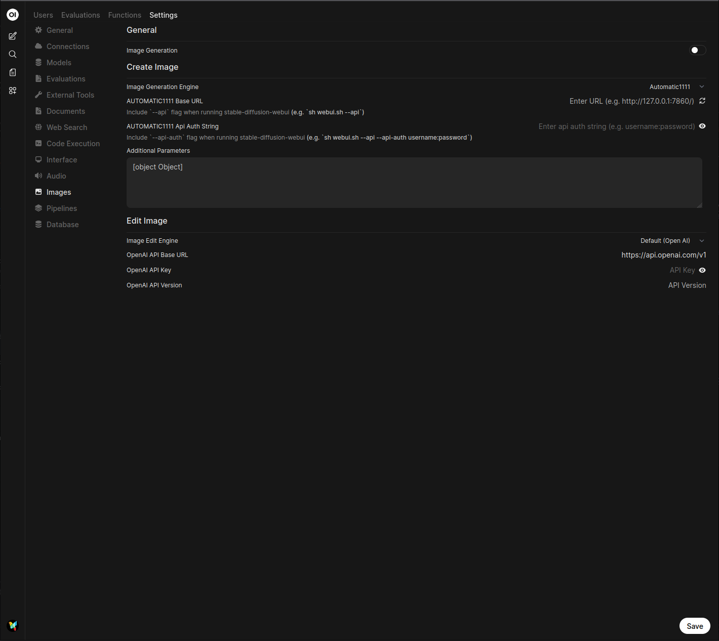 Screenshot of the OPL 数据空间 Images settings page with Default (Automatic1111) selected and the API URL field highlighted.