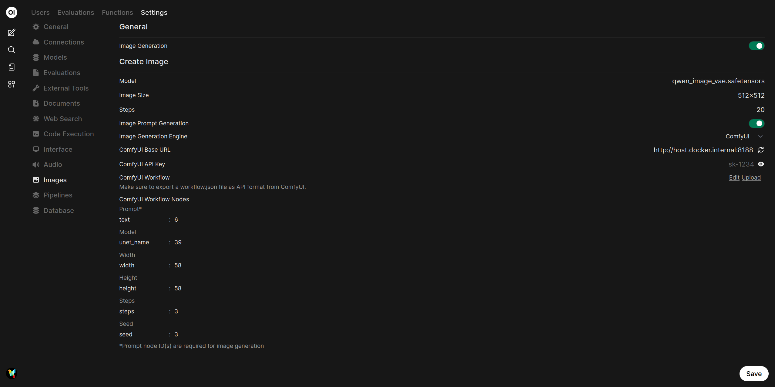 Screenshot of the OPL 数据空间 Images settings page with ComfyUI selected for image generation.