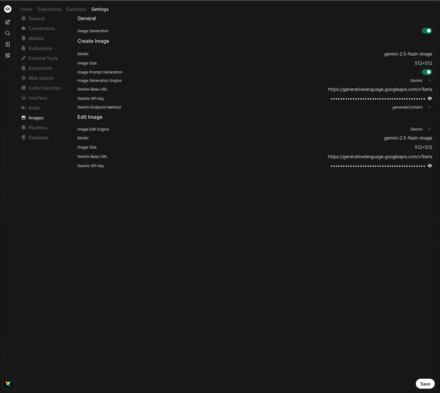 Screenshot of the OPL 数据空间 Images settings page with Gemini selected and the API key, model, and image size fields highlighted.