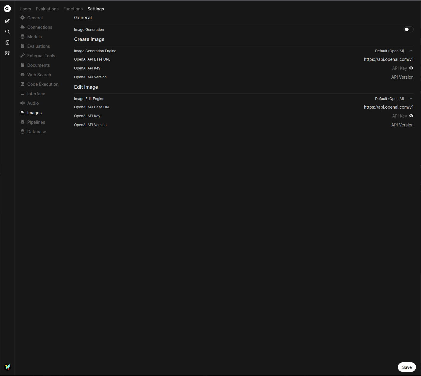 Screenshot of the OPL 数据空间 Images settings page with Open AI selected and the API endpoint URL, API key, and model fields highlighted for Image Router configuration.