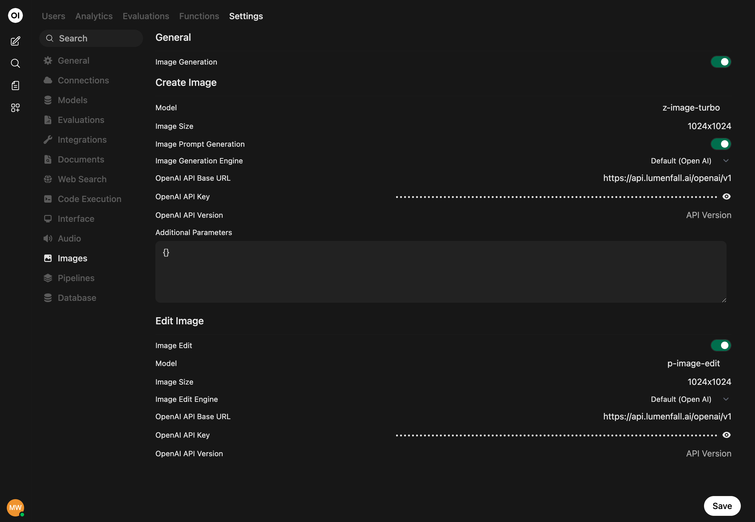 Screenshot of the OPL 数据空间 Images settings page configured with Lumenfall.