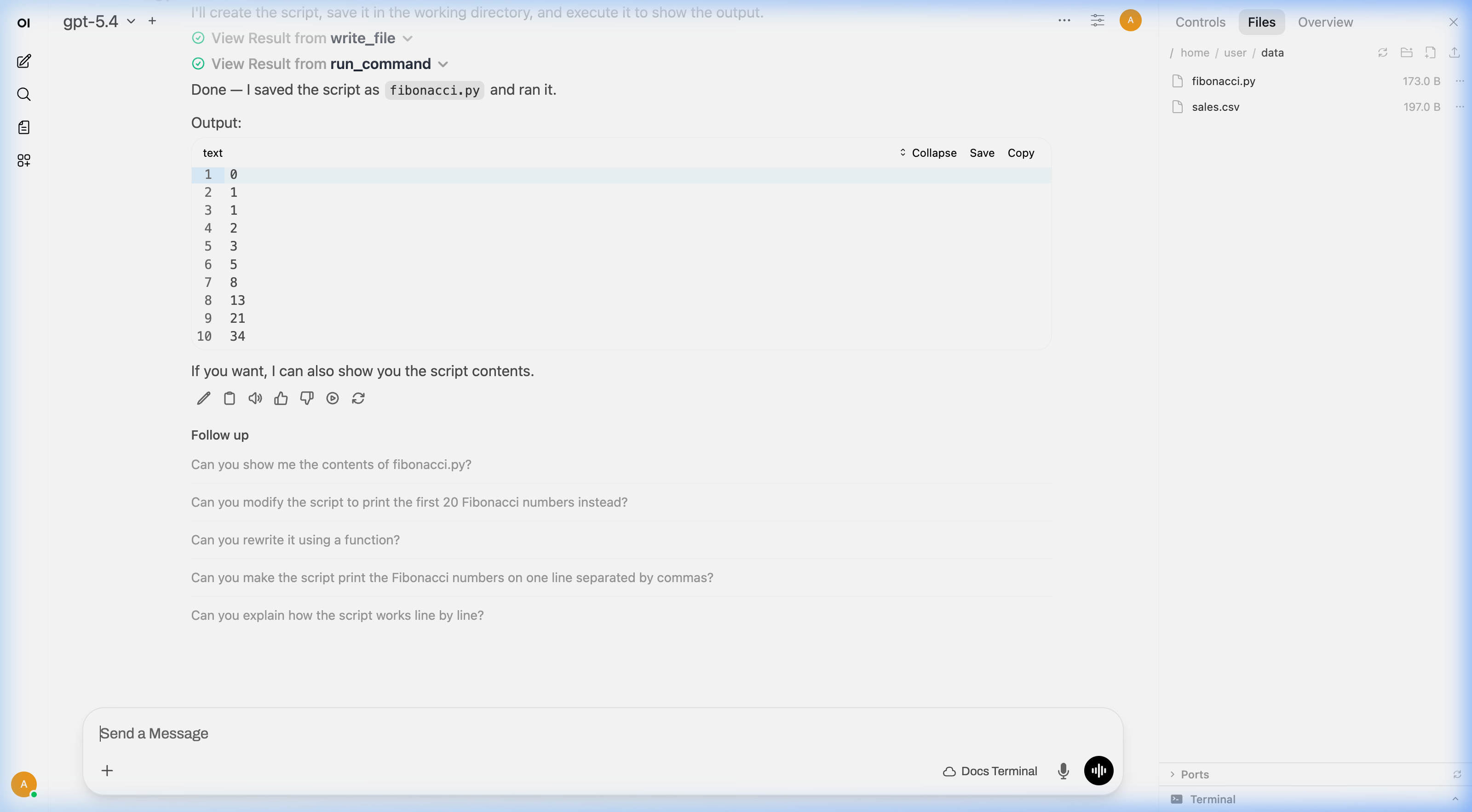 AI creating and running a Python script with output