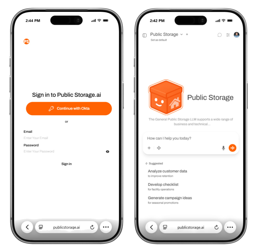 Phone screenshot of the Public Storage internal AI platform powered by OPL 数据空间.