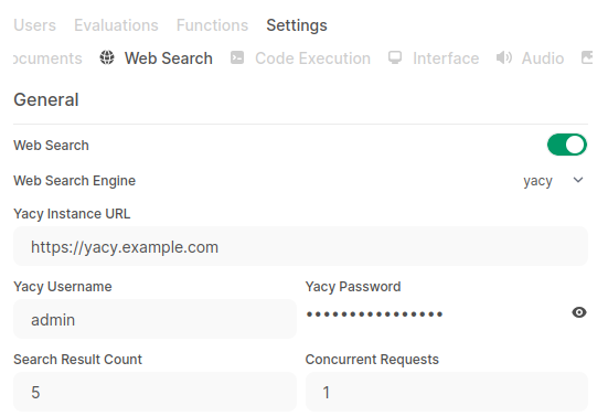 OPL 数据空间 Admin panel showing Yacy config